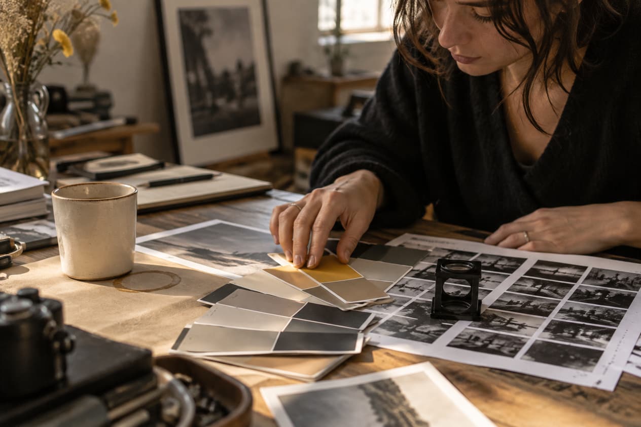 Nuanciers, loupe et planche contact sur le bureau d’un studio