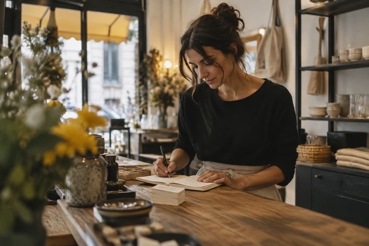 Carnet et cartes de visite sur le comptoir d’un commerce