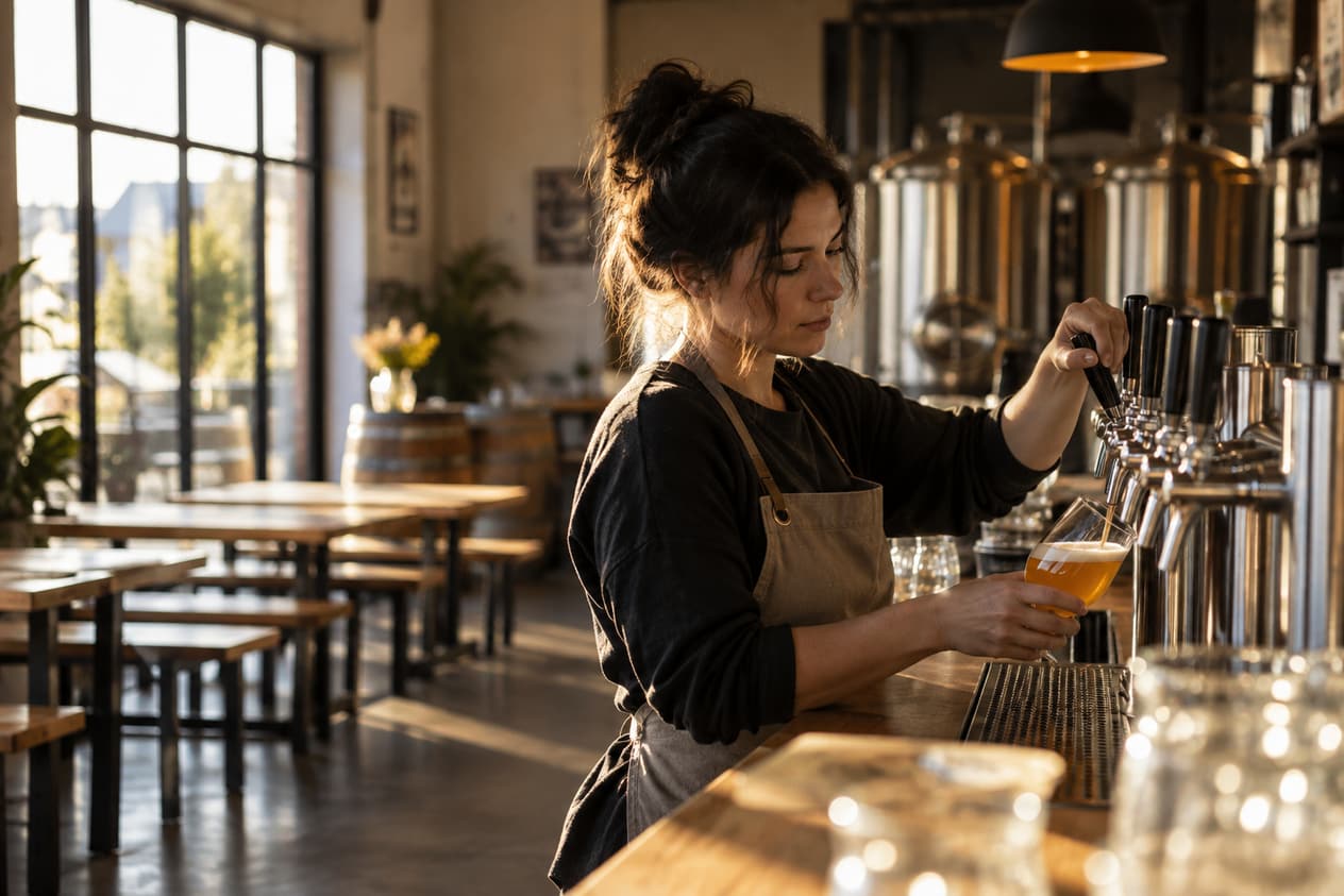 Salle de dégustation d’une brasserie artisanale l’après-midi