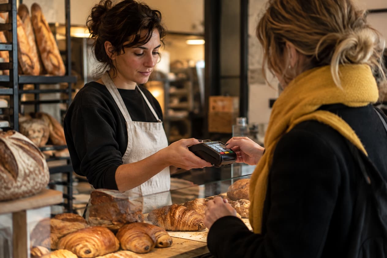 Un client règle son achat au comptoir d’un commerce de quartier