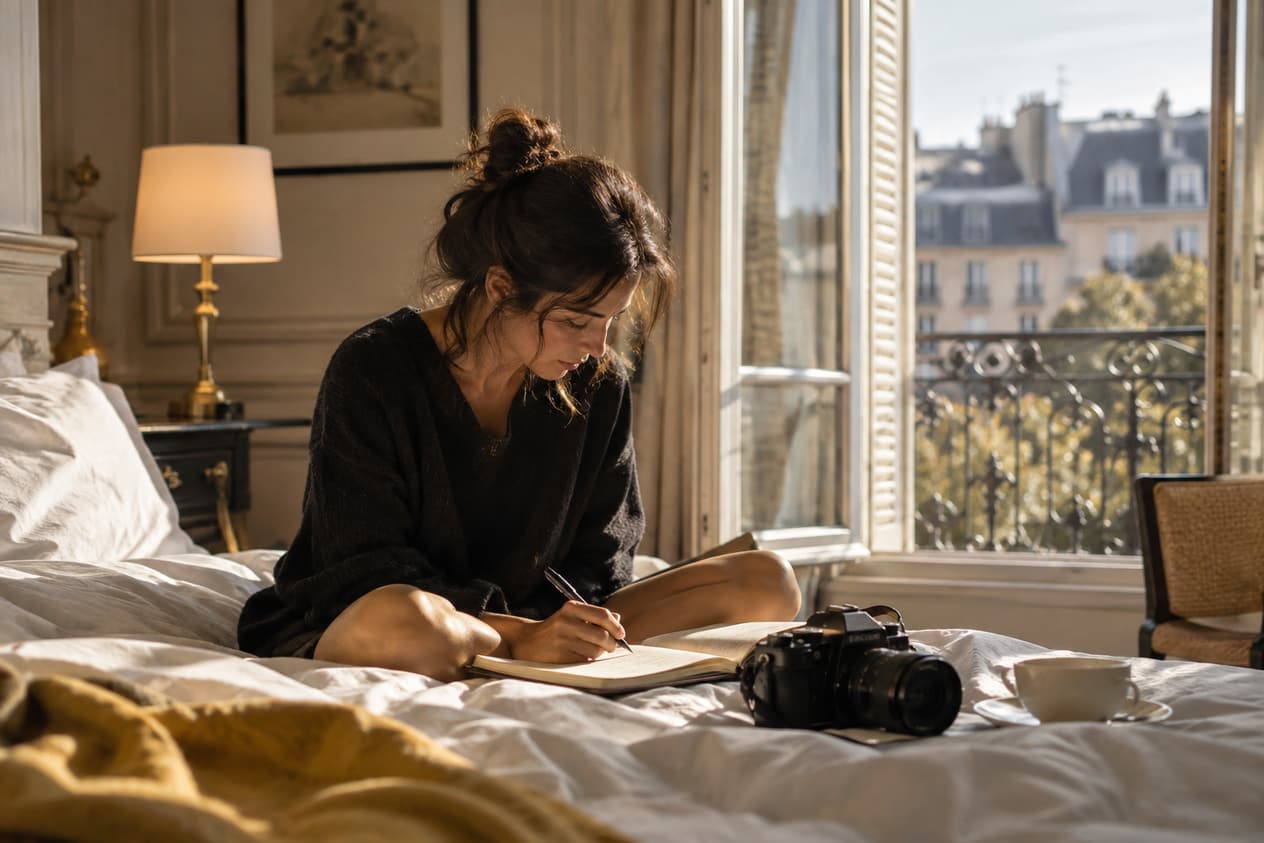 Carnet et appareil photo posés dans une chambre d’hôtel