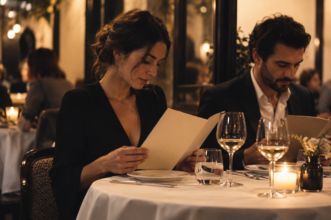 Table dressée avec des verres et une carte pliée