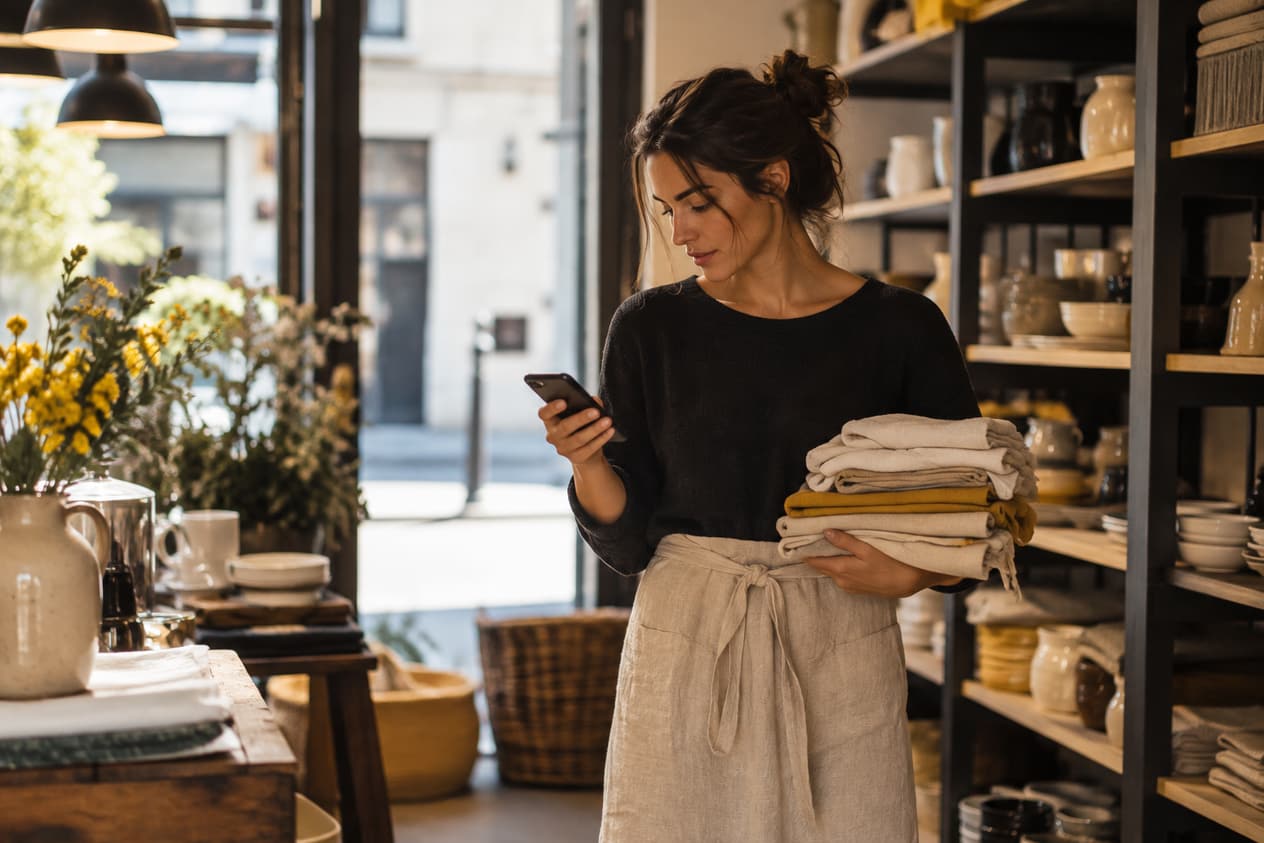 Commerçante partagée entre son téléphone et sa mise en rayon