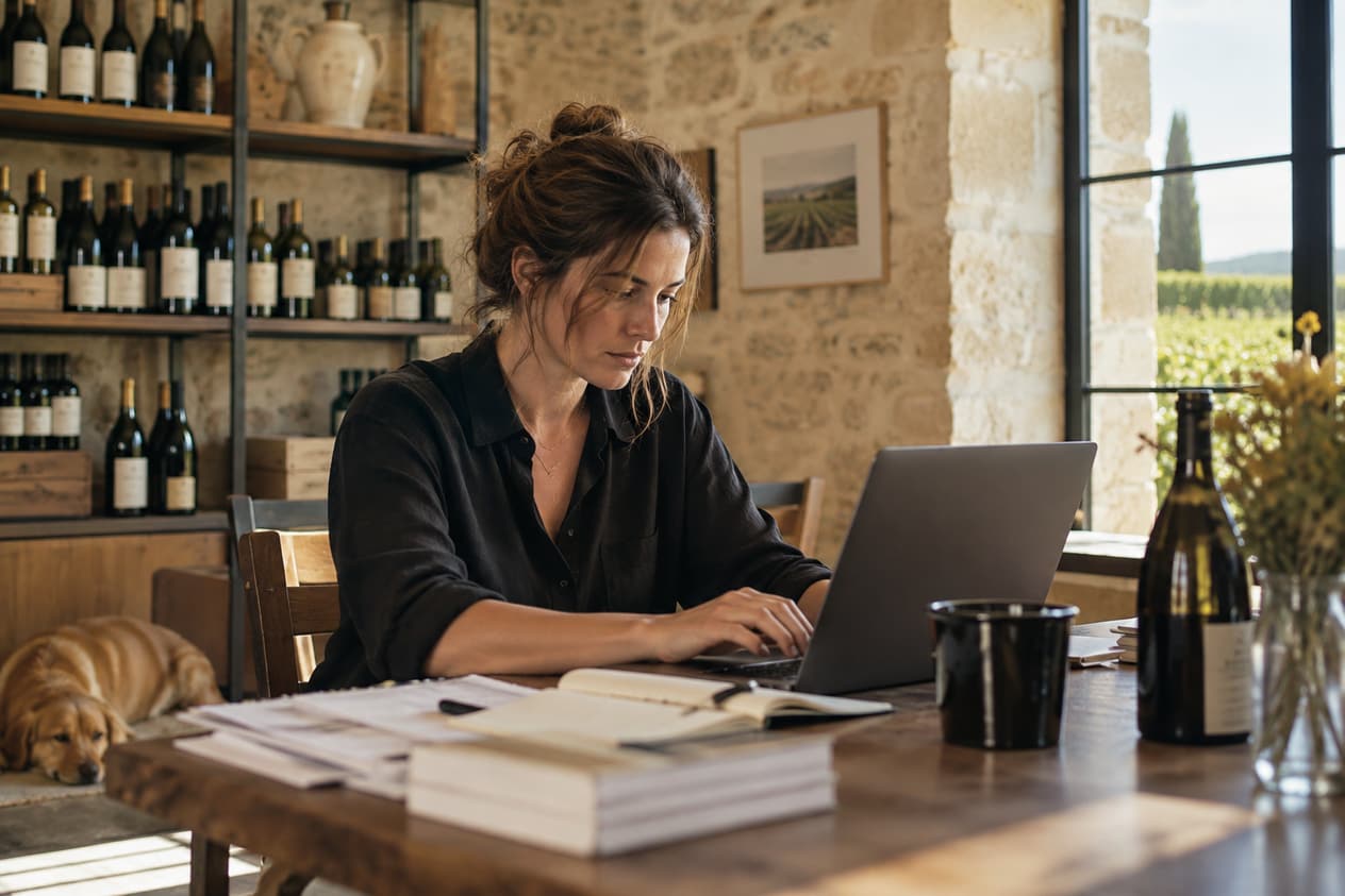Bureau d’un domaine viticole avec quelques bouteilles