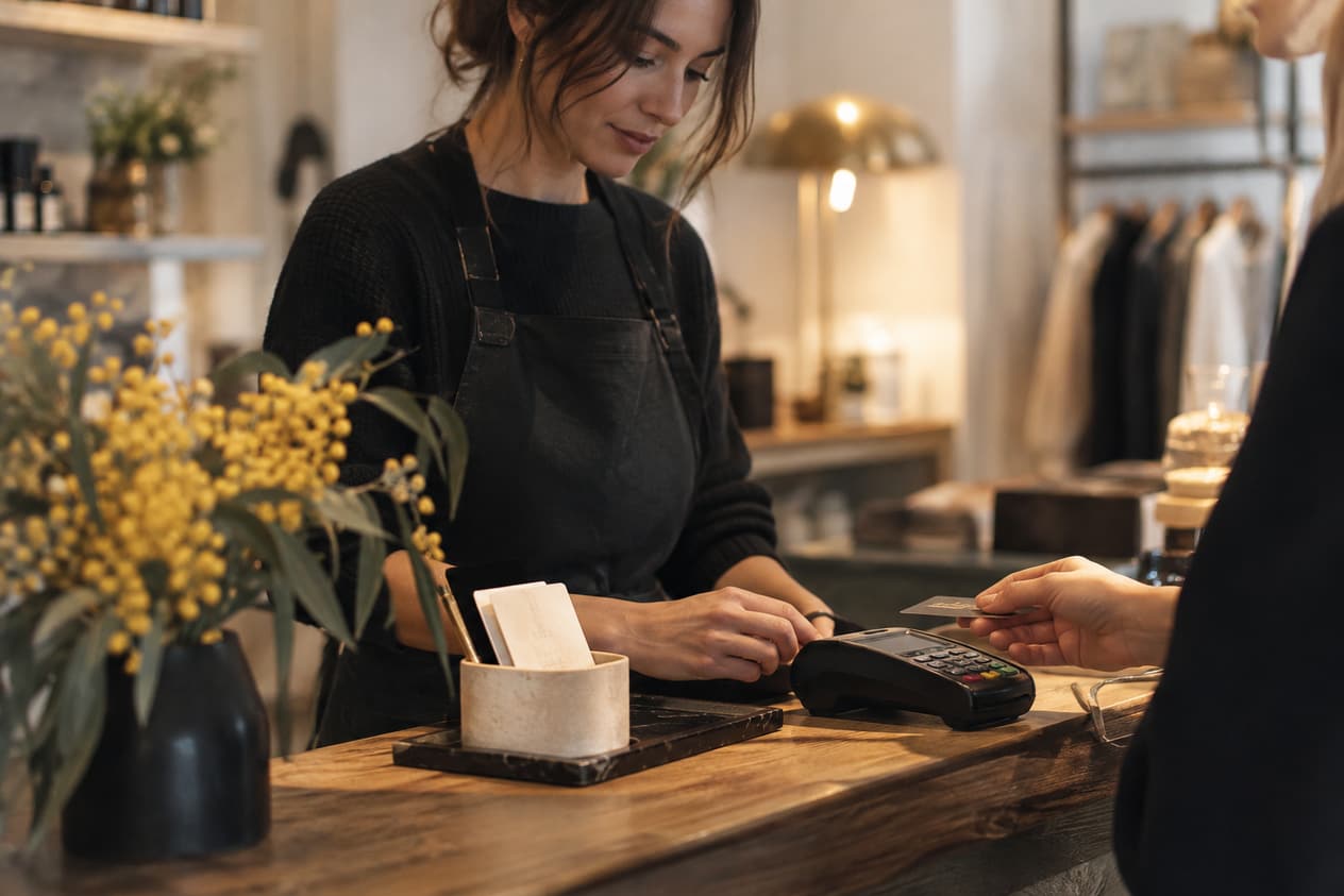 Porte-cartes et stylo sur le comptoir d’une boutique