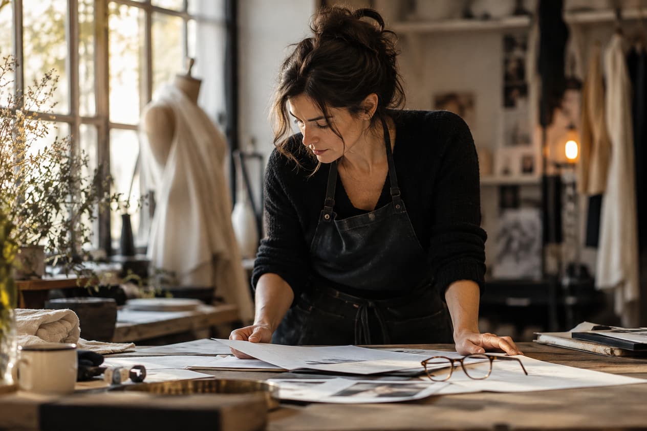 Documents et lunettes posés sur une table d’atelier
