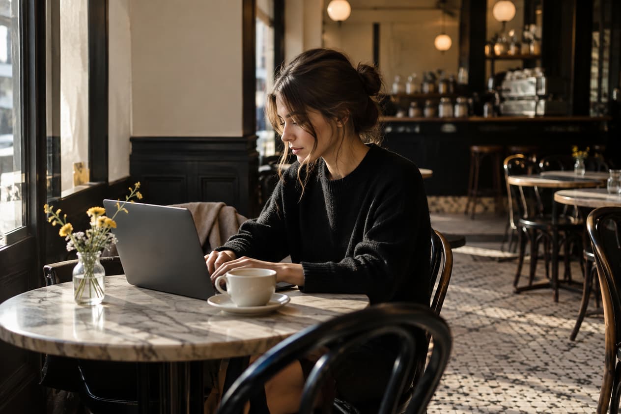 Ordinateur et café dans une salle encore vide