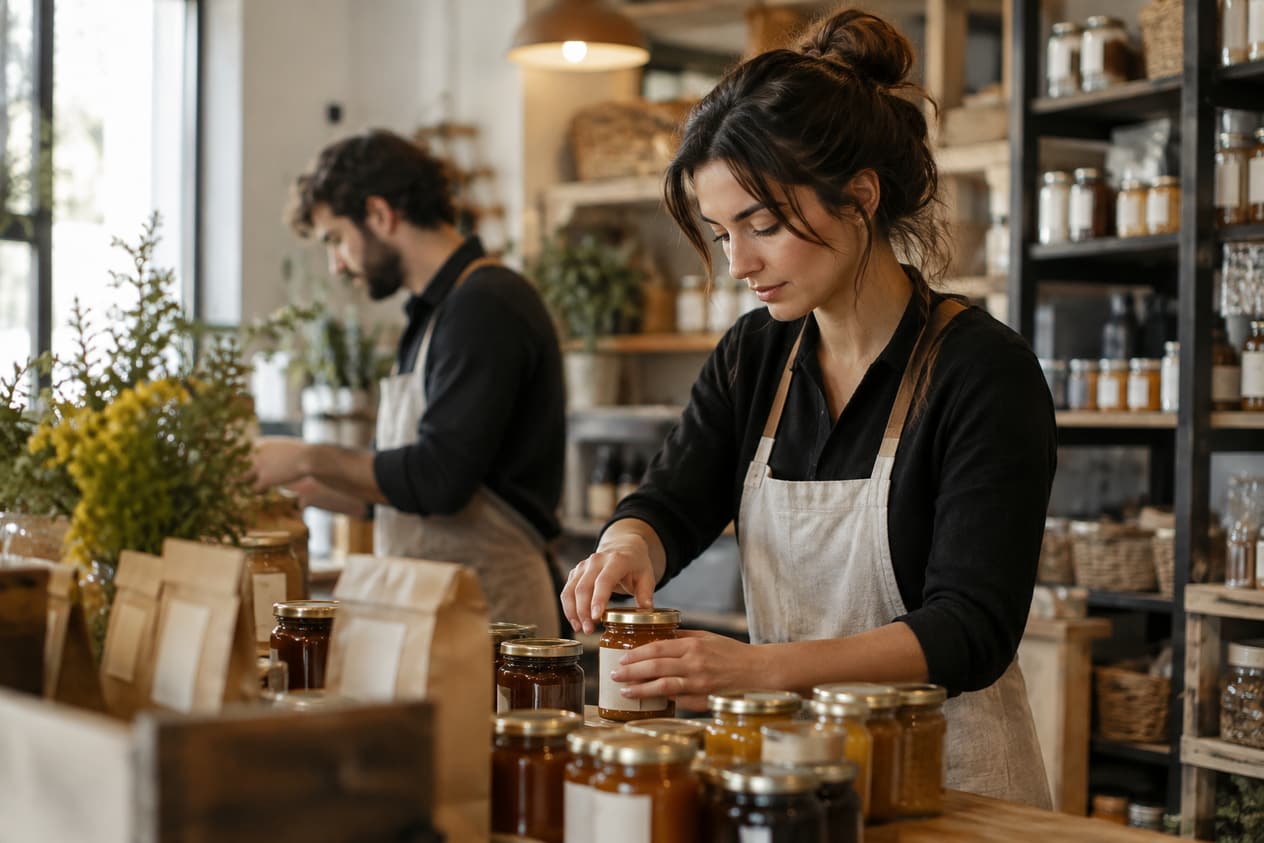 Bocaux et emballages en préparation dans une épicerie fine