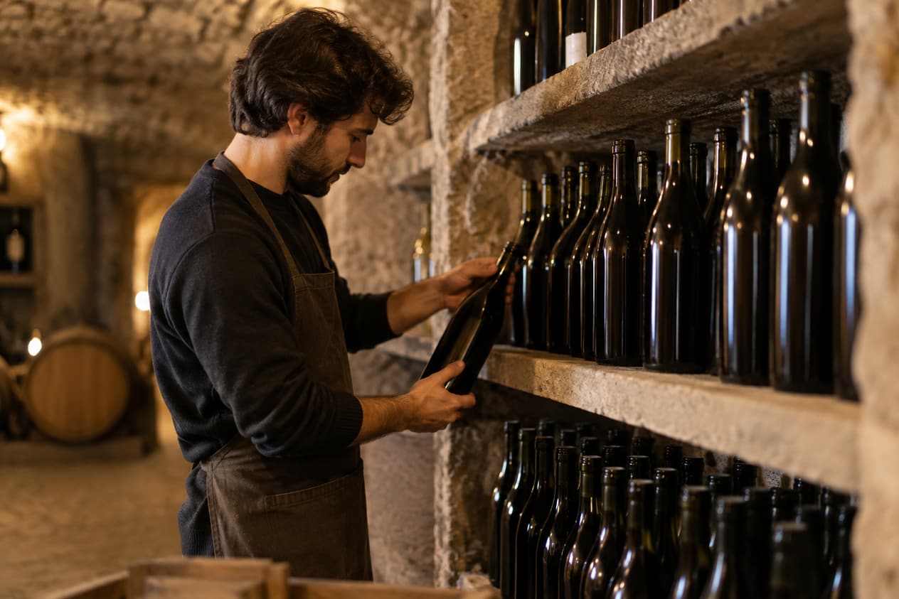 Bouteilles alignées sur une étagère de cave