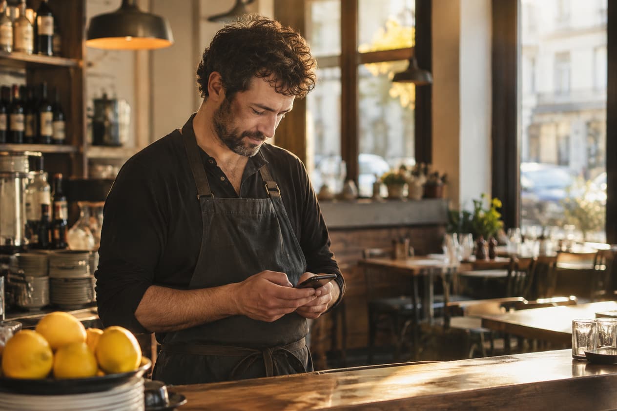 Un restaurateur consulte son téléphone derrière son comptoir le matin