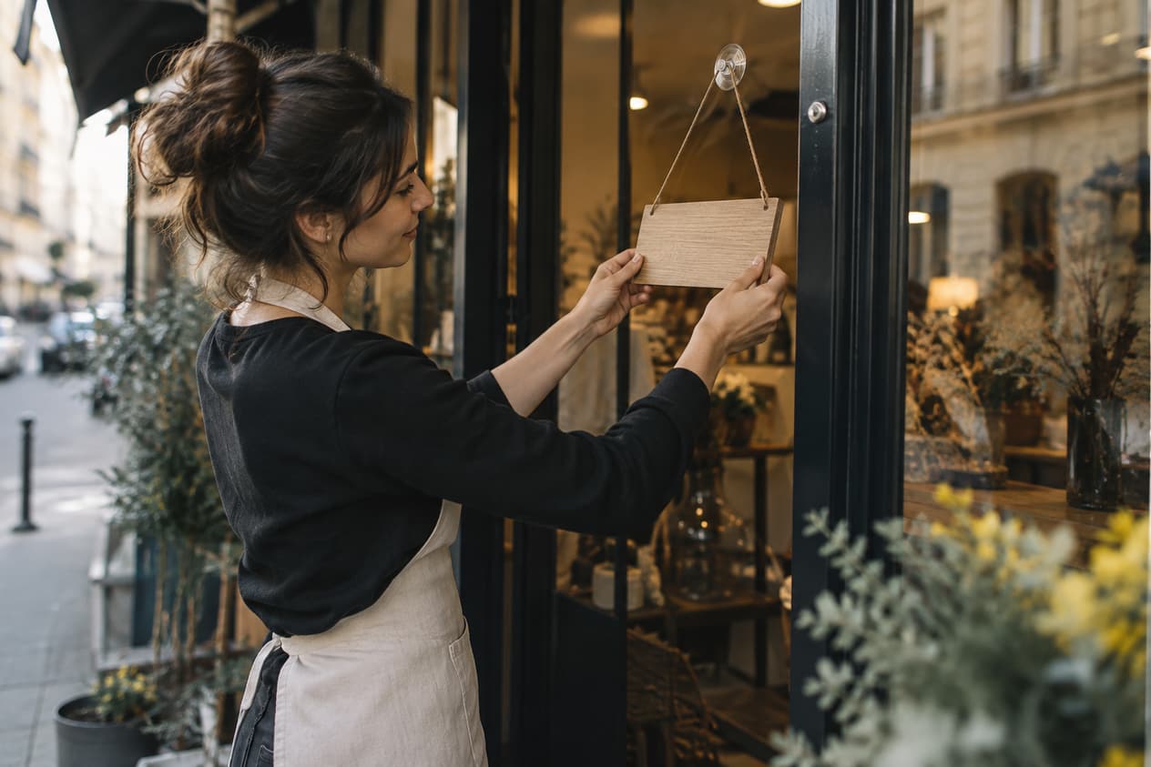 Retournement du panneau d’ouverture sur la porte d’une boutique
