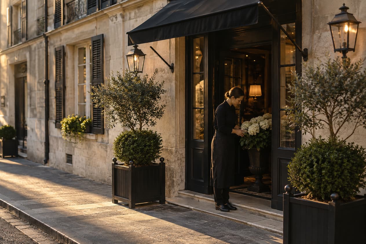 Façade d’un hôtel indépendant en fin d’après-midi