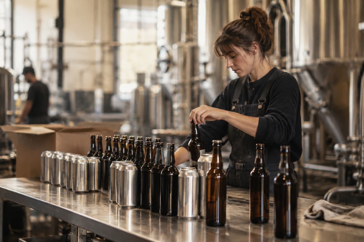 Bouteilles et canettes sans étiquette dans une brasserie
