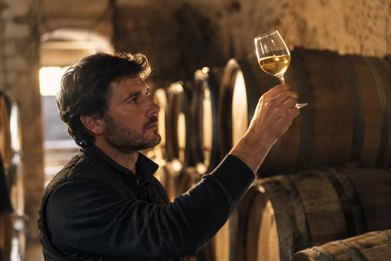 Vigneron observant un verre à la lumière dans une cave