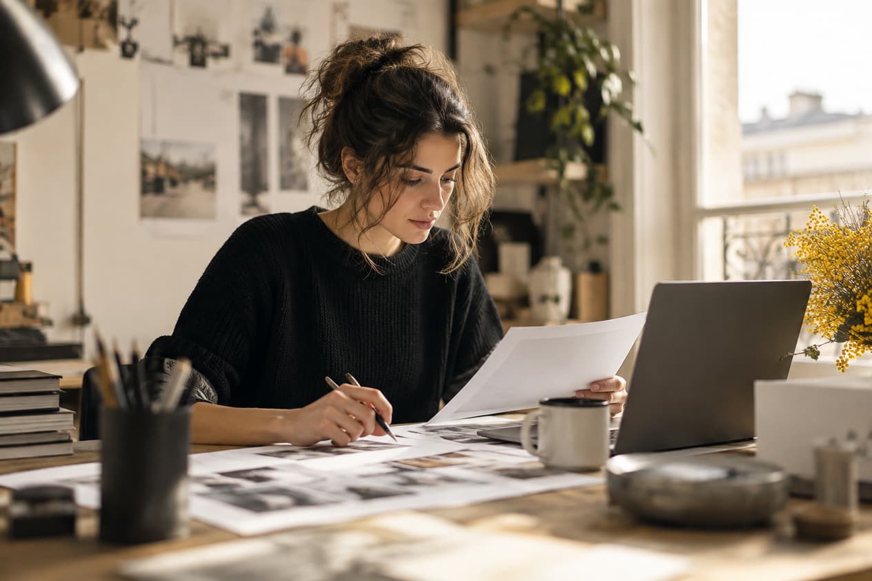 Bureau d’atelier avec ordinateur et épreuves imprimées