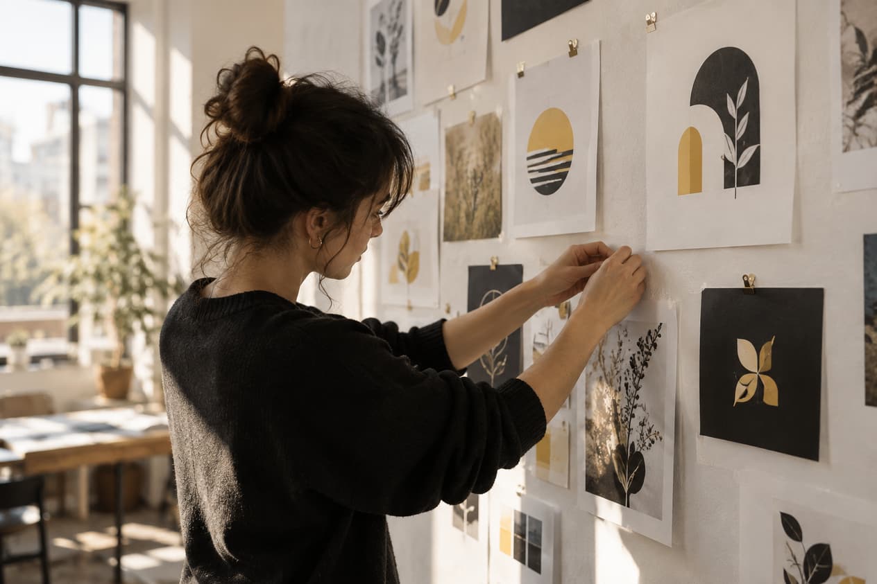 Épreuves imprimées punaisées sur un mur d’atelier