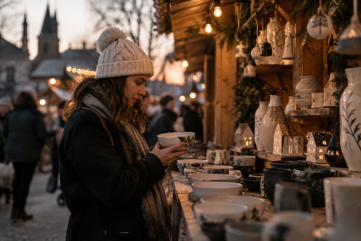 Stand de marché en bois éclairé en fin de journée