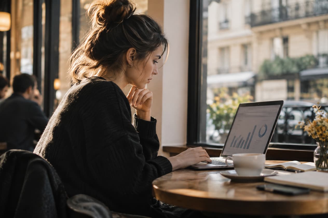 Ordinateur portable ouvert sur la table d’un café