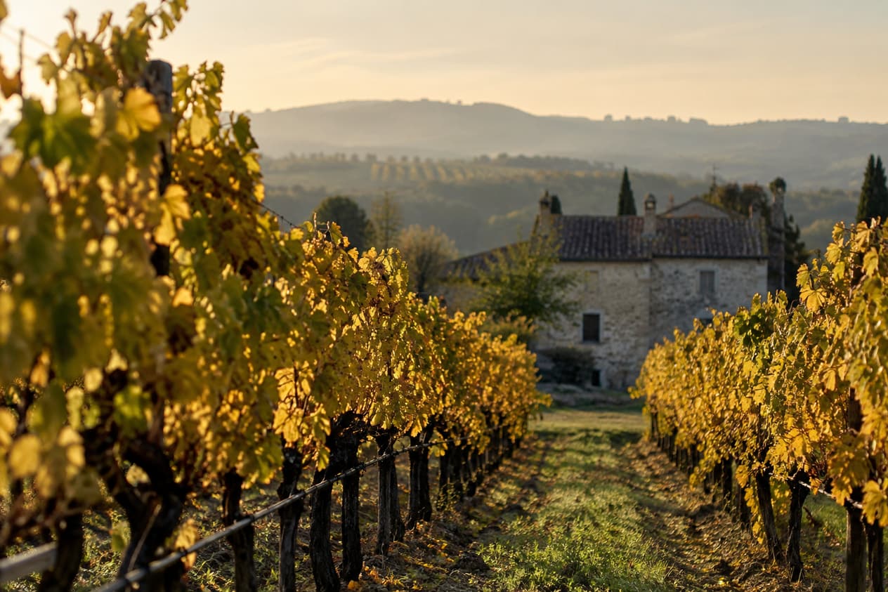Rangs de vigne en lumière d’automne