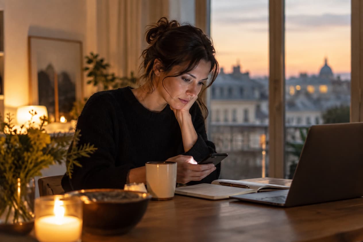 Écran de téléphone allumé sur une table en soirée