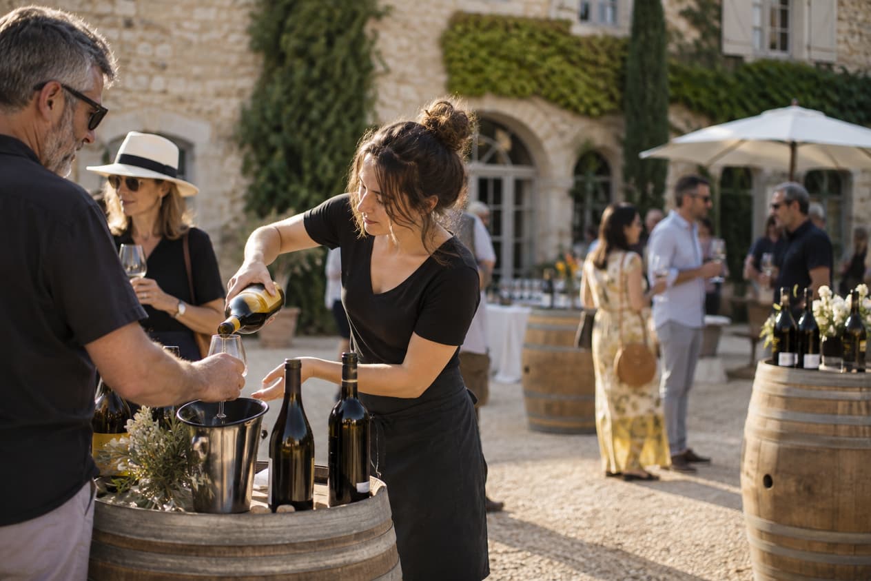 Cour d’un domaine préparée pour une journée de dégustation