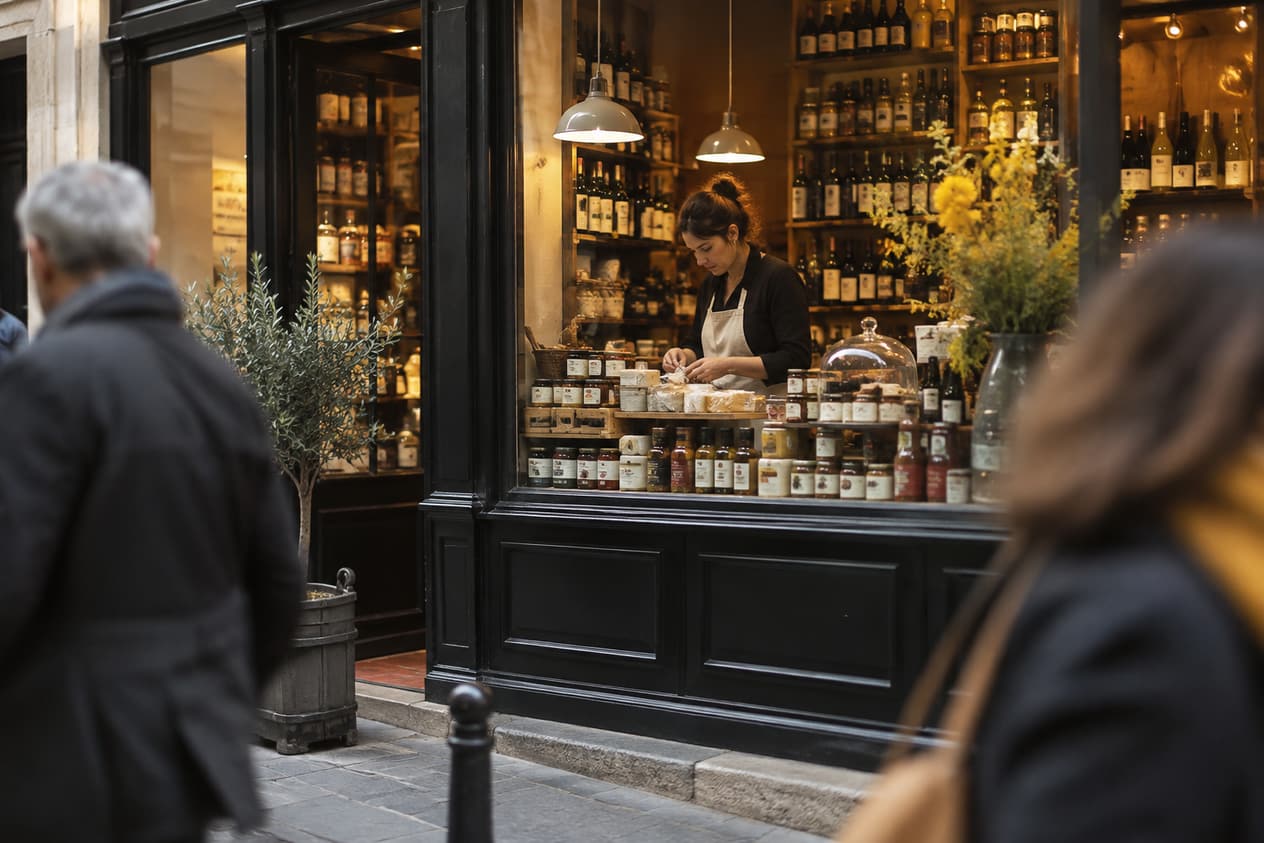 Vitrine d’une épicerie fine dans une rue commerçante