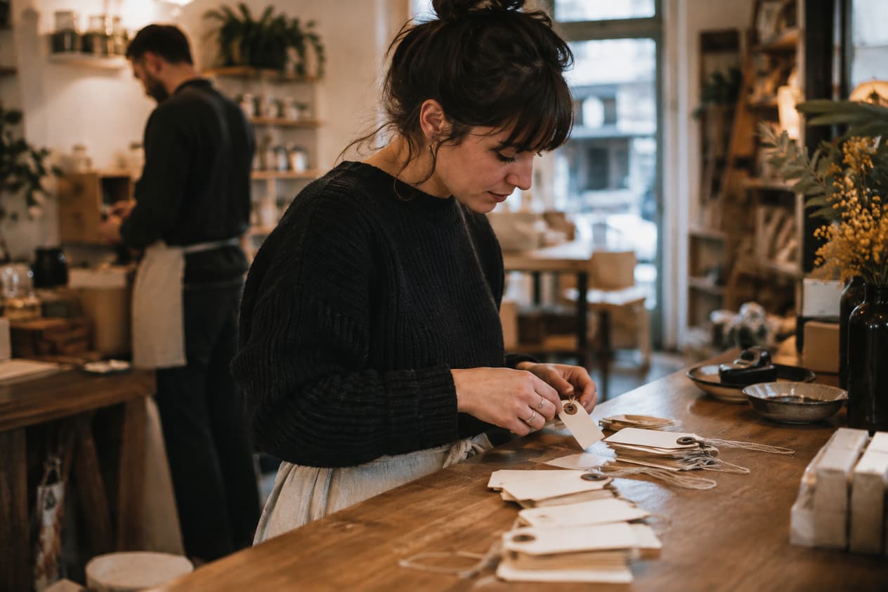 Étiquettes de prix sur un comptoir en bois