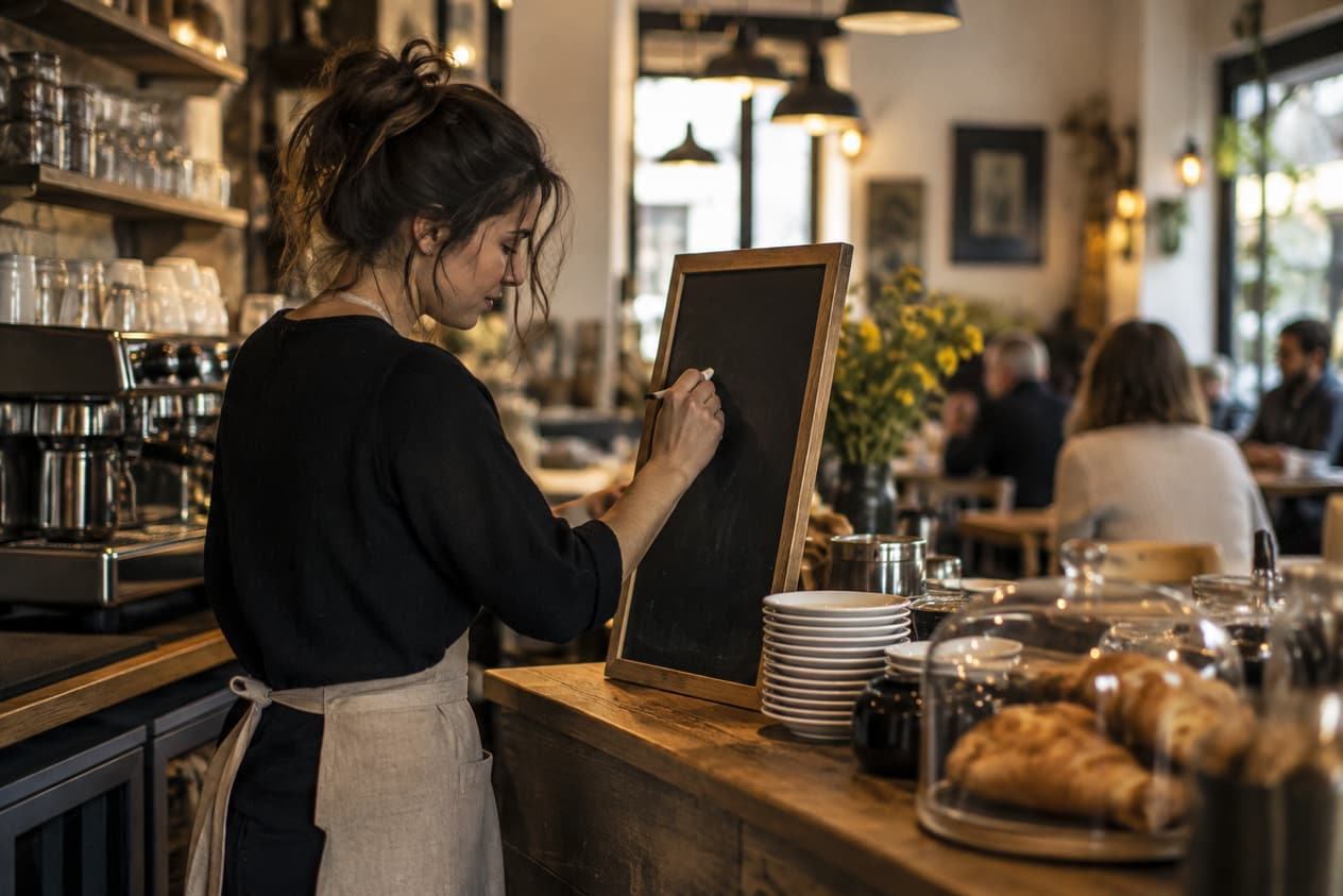 Un barista écrit la suggestion du jour sur une ardoise
