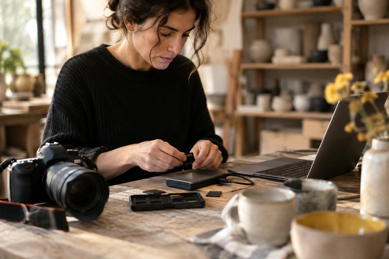 Disque dur et cartes mémoire sur une table d’atelier