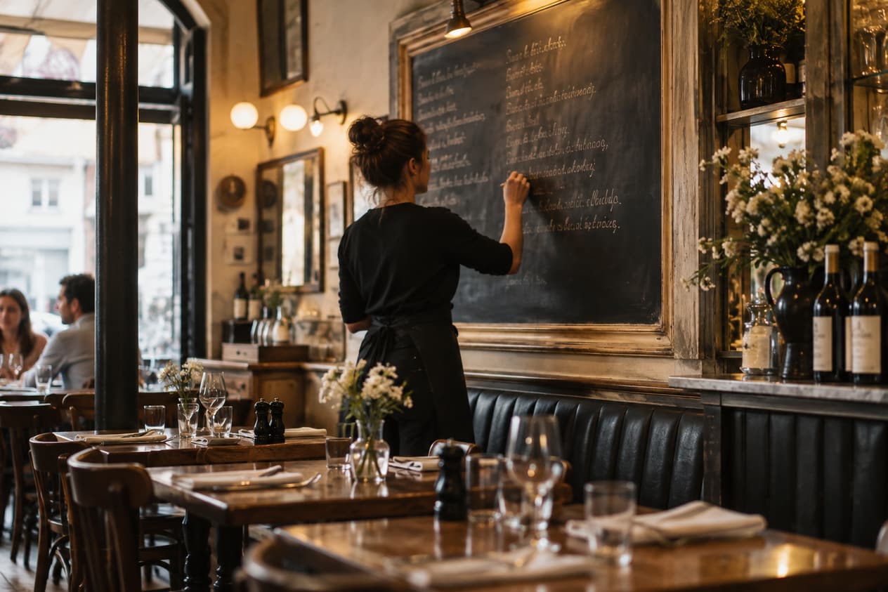 Salle de bistrot avec son ardoise du jour