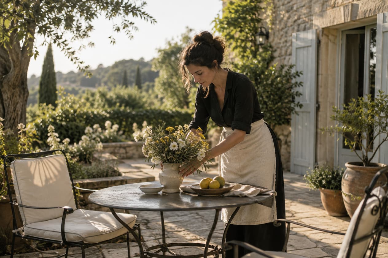 Terrasse d’une maison d’hôtes avec deux chaises vides