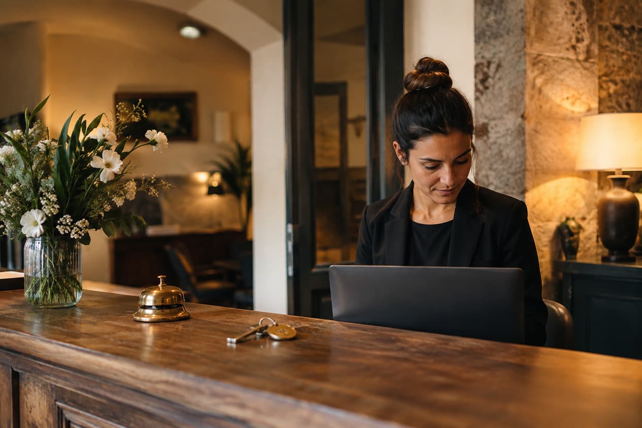 Comptoir de réception d’un hôtel indépendant en soirée