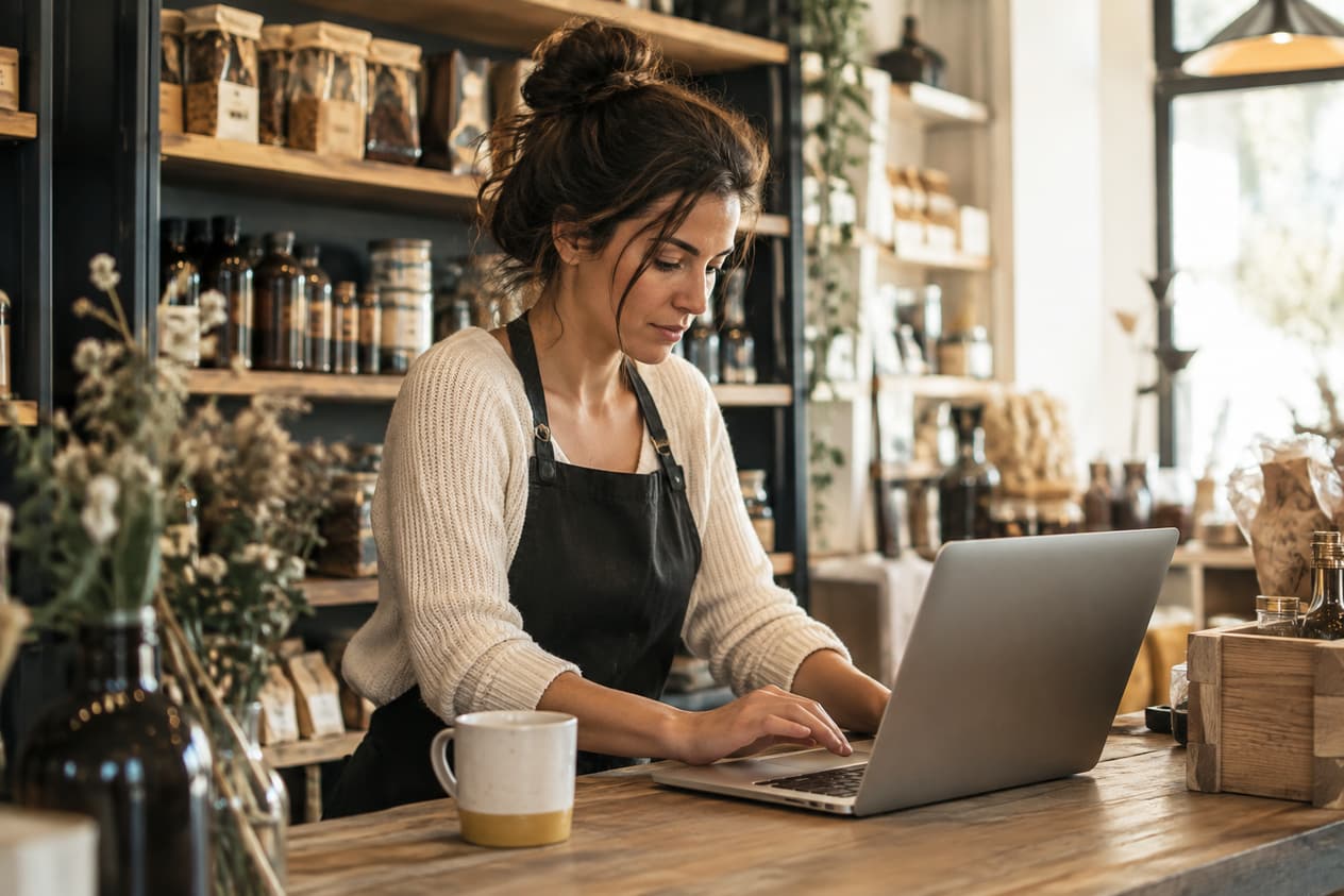 Commerçante devant son ordinateur derrière le comptoir
