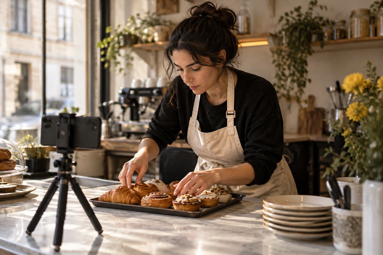Mise en place de pâtisseries pour une séance photo
