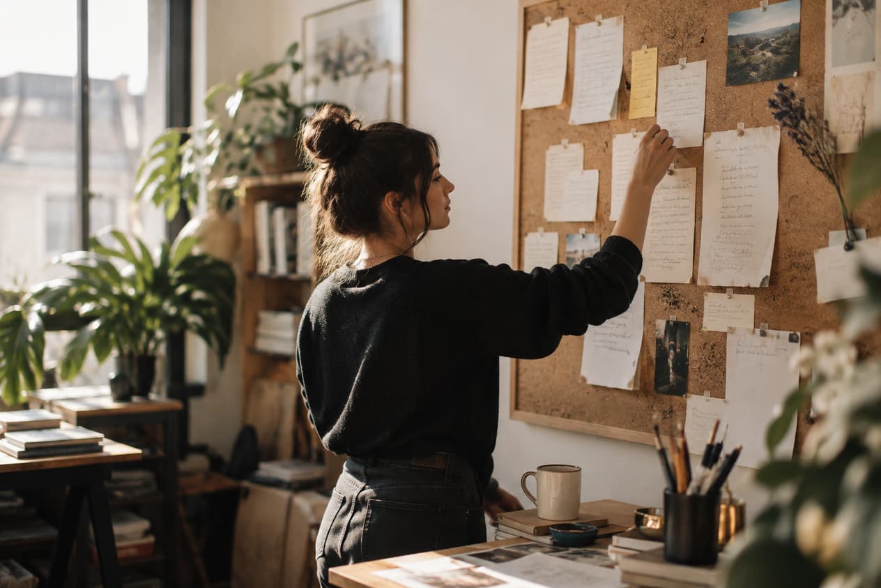 Listes manuscrites punaisées sur un tableau