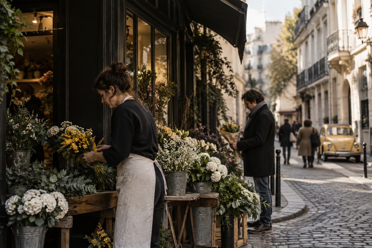 Angle de rue commerçante avec un étal de fleurs
