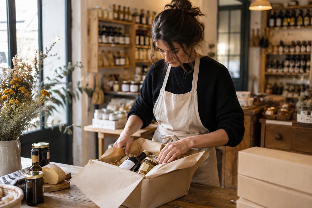 Préparation d’un colis d’épicerie fine sur une table en bois