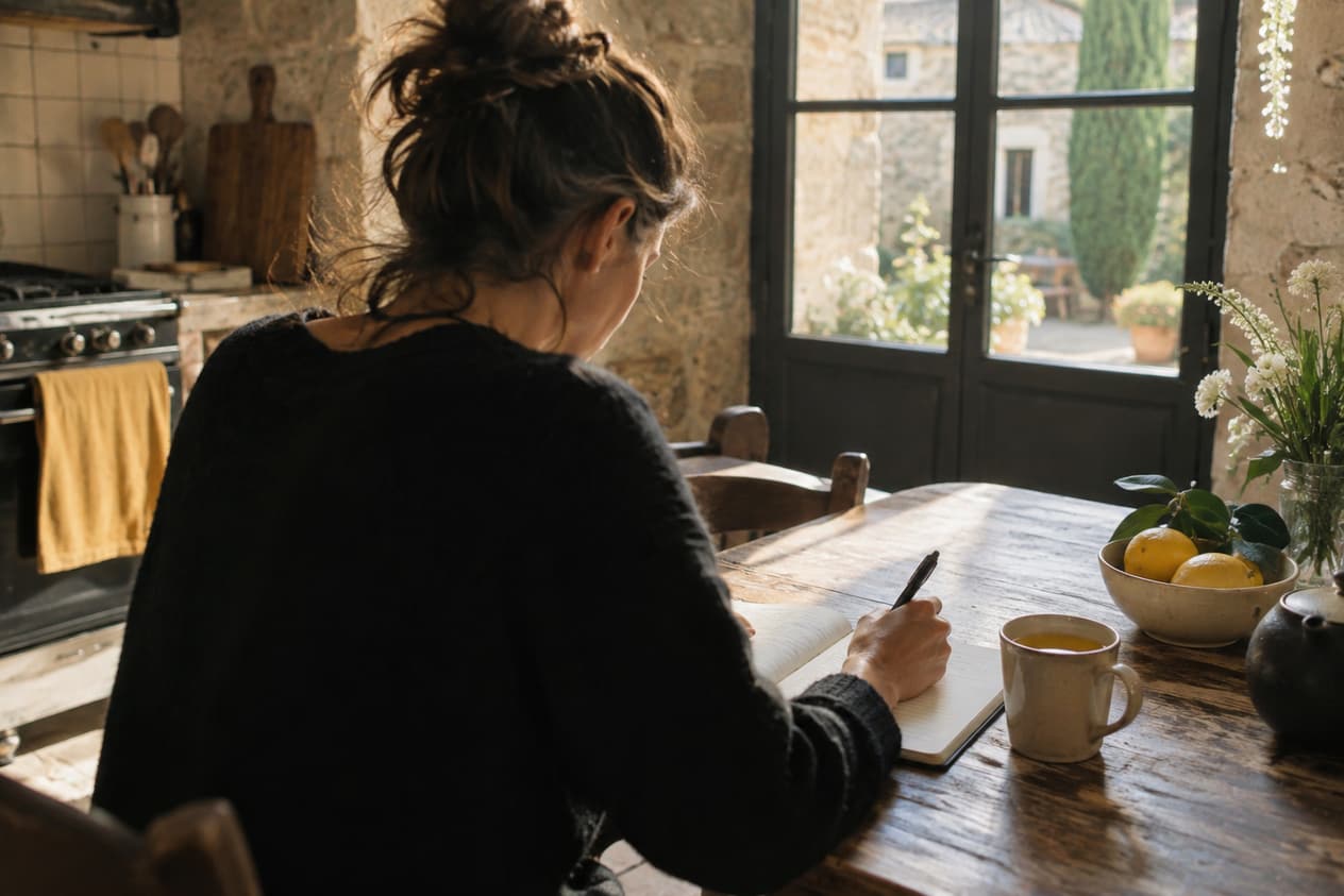 Une personne prend des notes dans un carnet à la table de sa cuisine