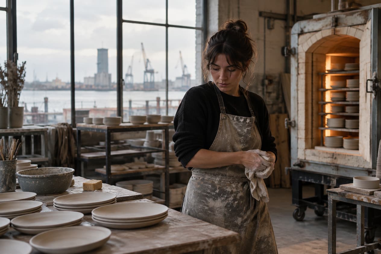 Atelier de grès havrais, four et assiettes en attente d’émaillage