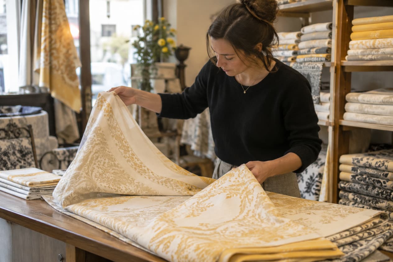 Linge de table tissé plié sur le comptoir d’une boutique mulhousienne
