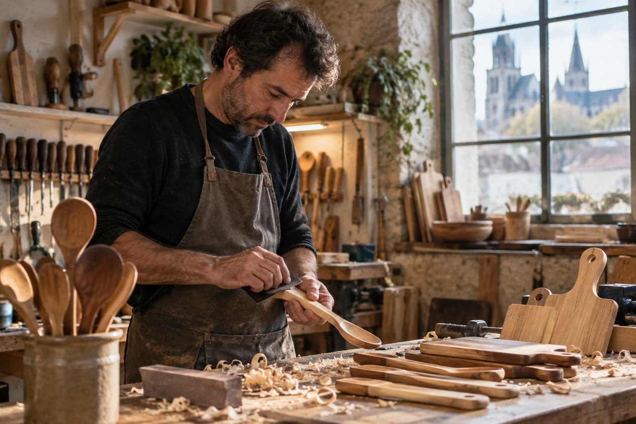 Planches et couverts en bois sur l’établi d’un atelier poitevin