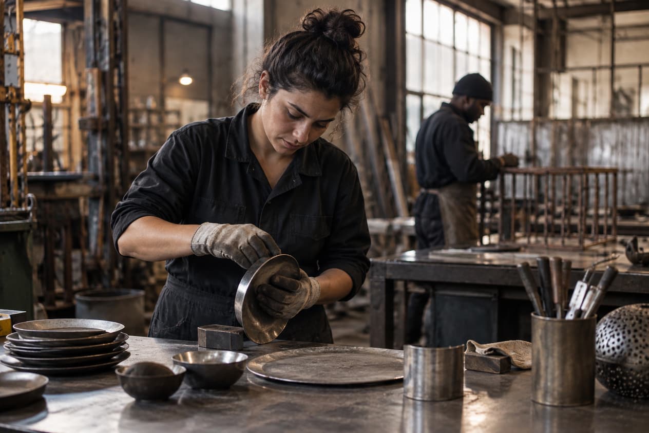 Atelier de Saint-Denis, plats et ustensiles en métal recyclé sur l’établi