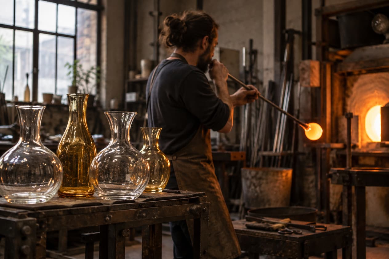 Atelier de verre soufflé à Villeurbanne, carafes en refroidissement