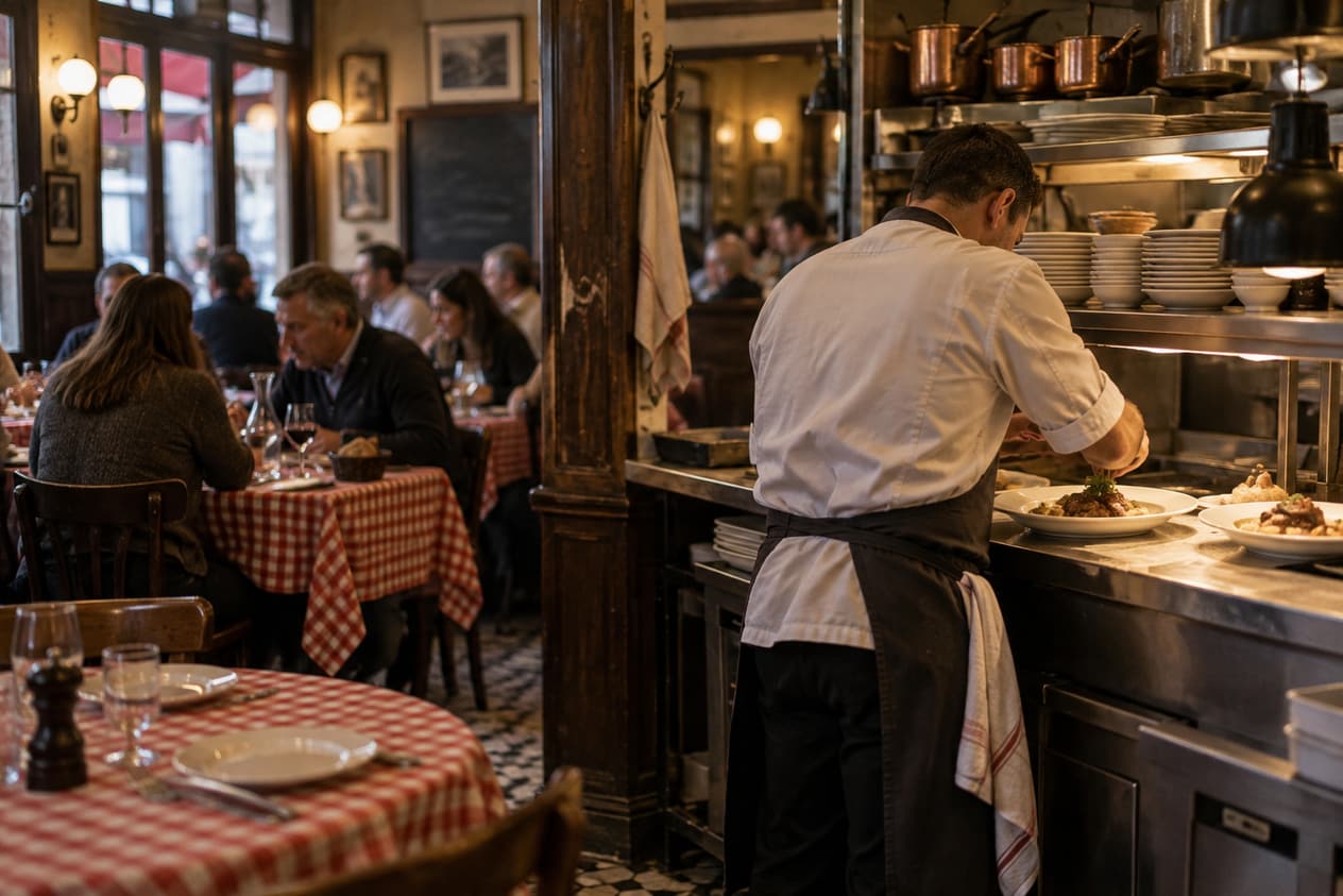 Salle d’un bouchon lyonnais avec nappes à carreaux et passe de cuisine en arrière-plan
