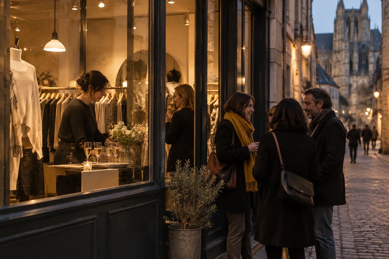 Boutique du Vieux Mans éclairée un soir, verres posés sur un plateau