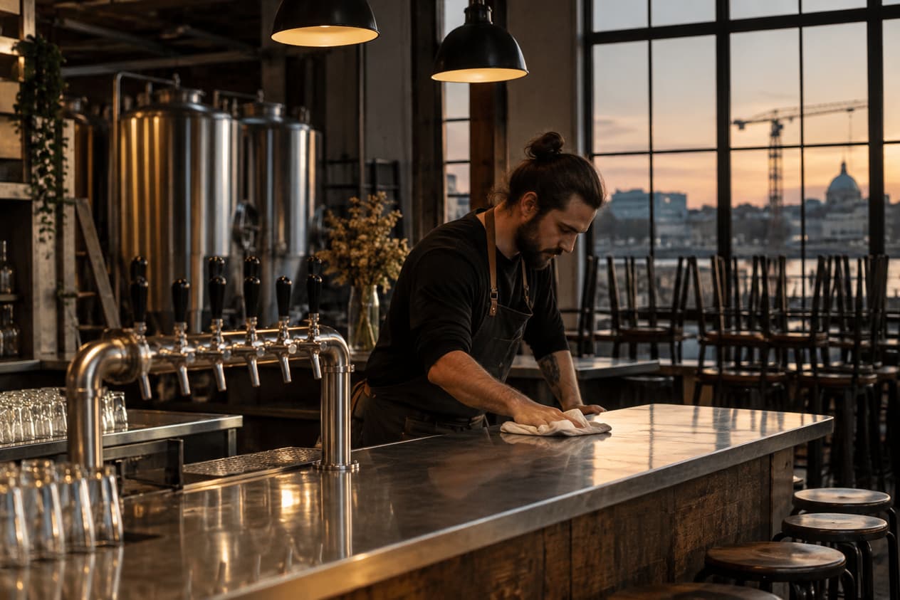 Comptoir de dégustation d’une brasserie nantaise avant l’ouverture