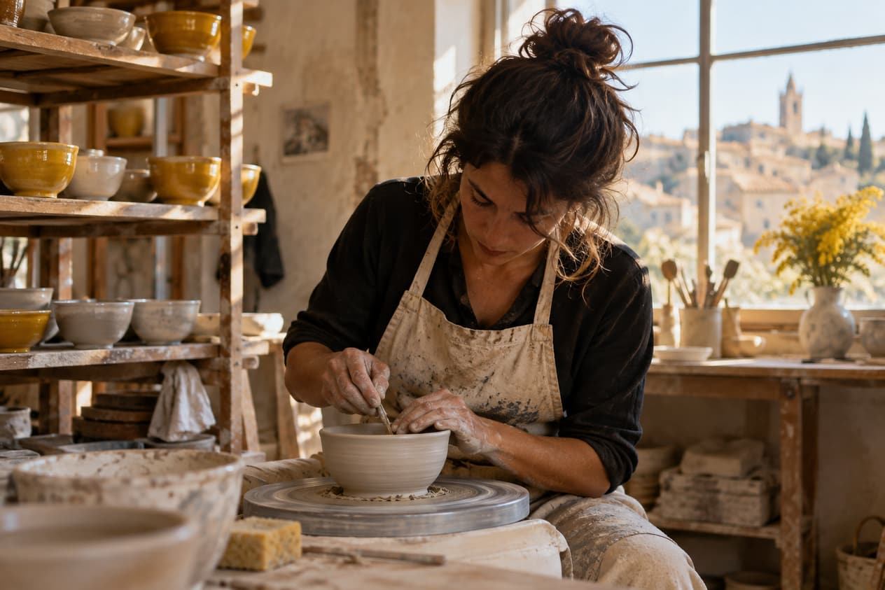 Atelier de céramique aixois, bols émaillés sur des étagères en bois