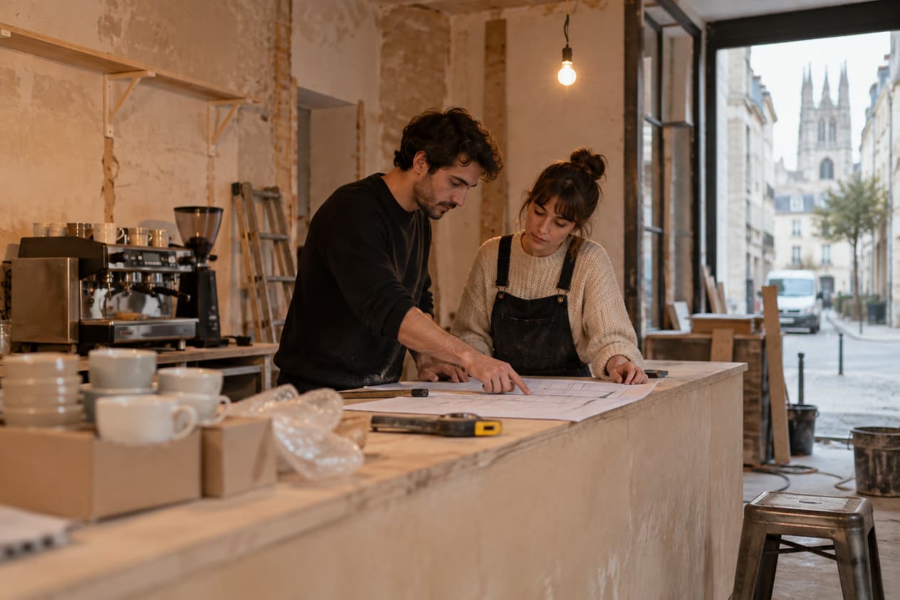 Coffee shop en travaux à Angers, comptoir en cours d’installation