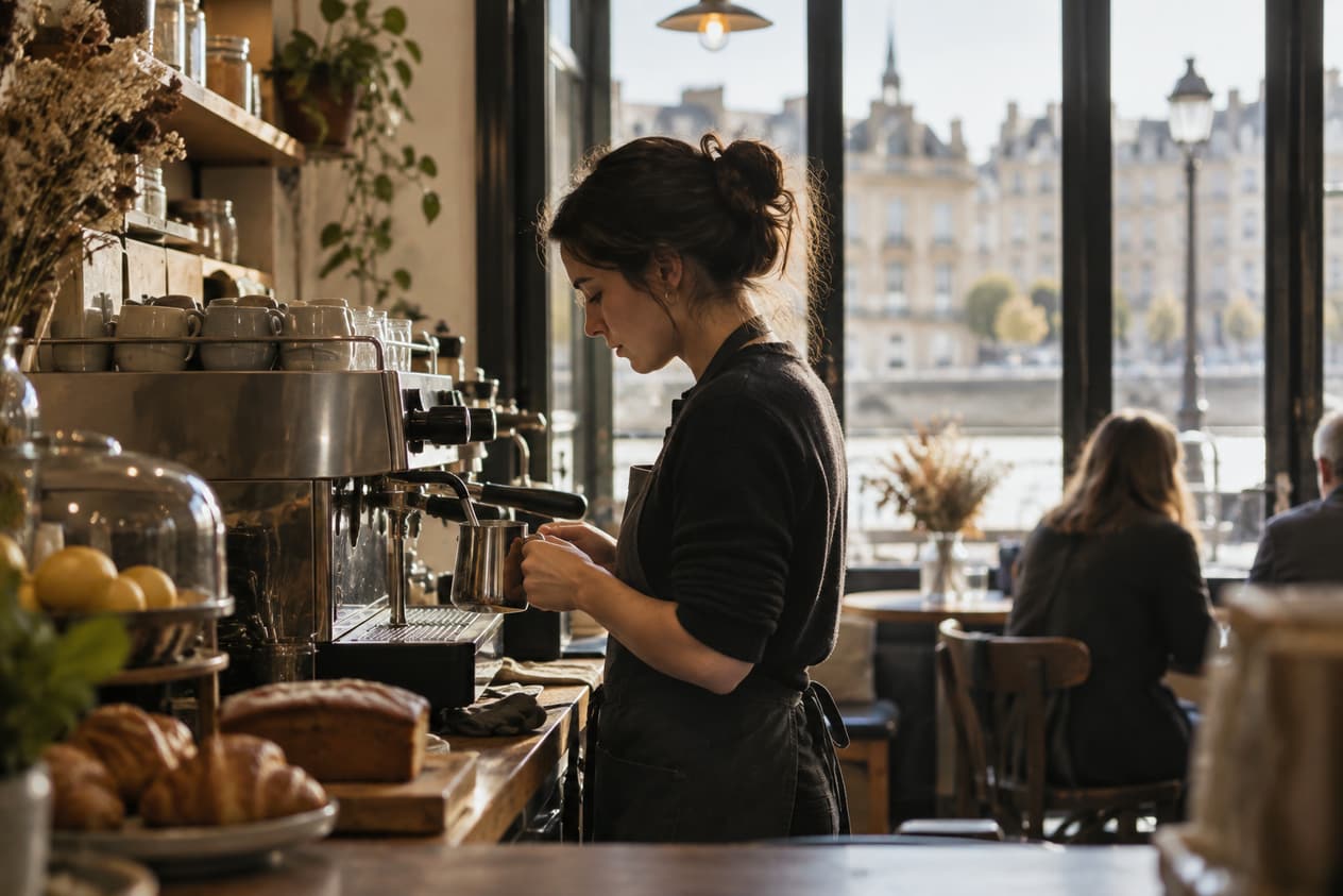 Comptoir en bois et machine à espresso d’un coffee shop bordelais le matin