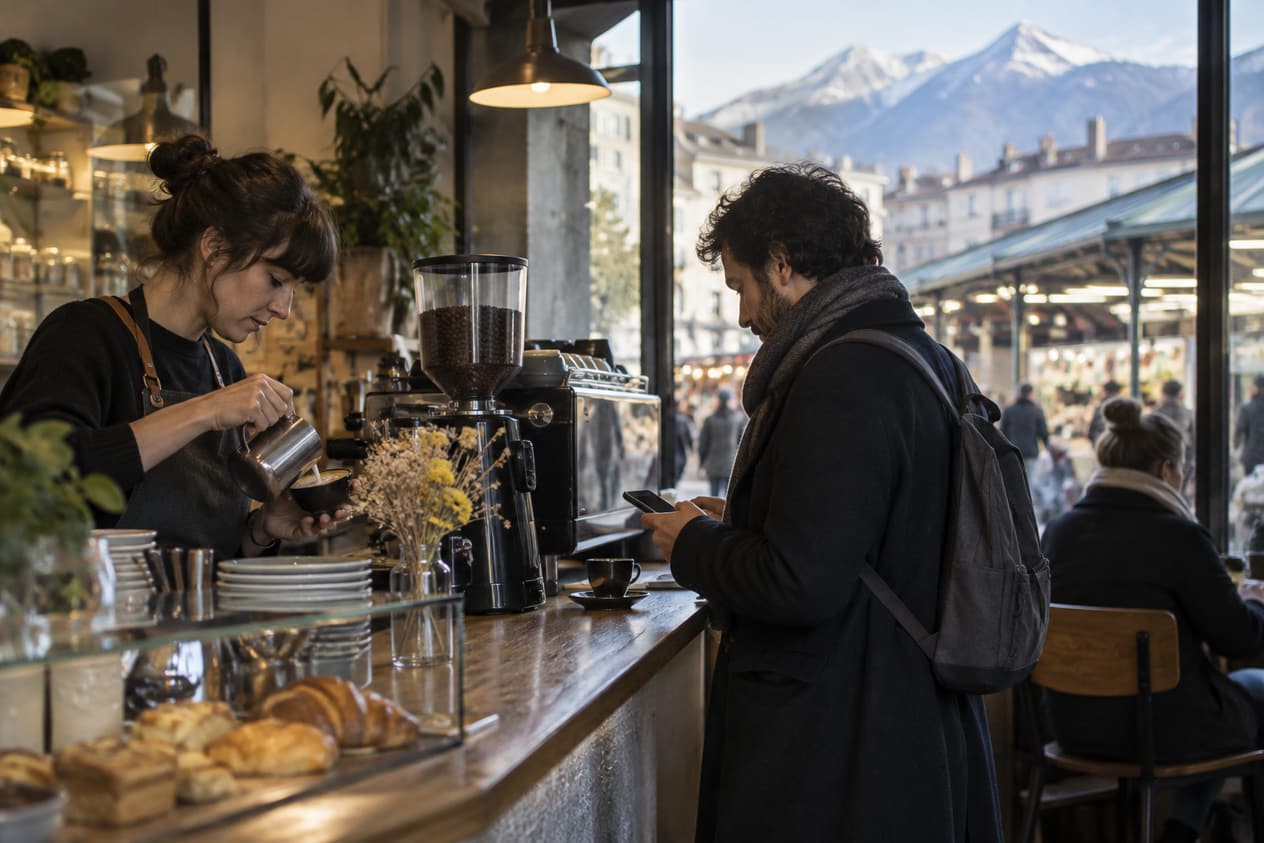 Coffee shop grenoblois près des halles, comptoir et lumière du matin